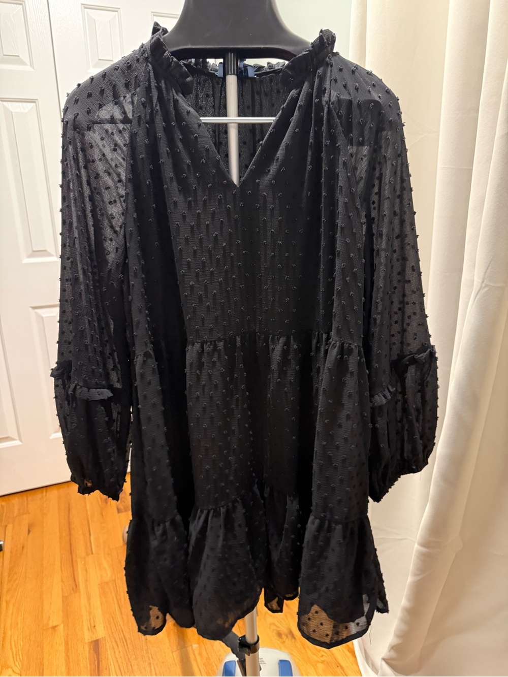 CeCe Black Swiss Dot Babydoll Ruffle Sleeve‎ Boho Romantic Whimsygoth Dress